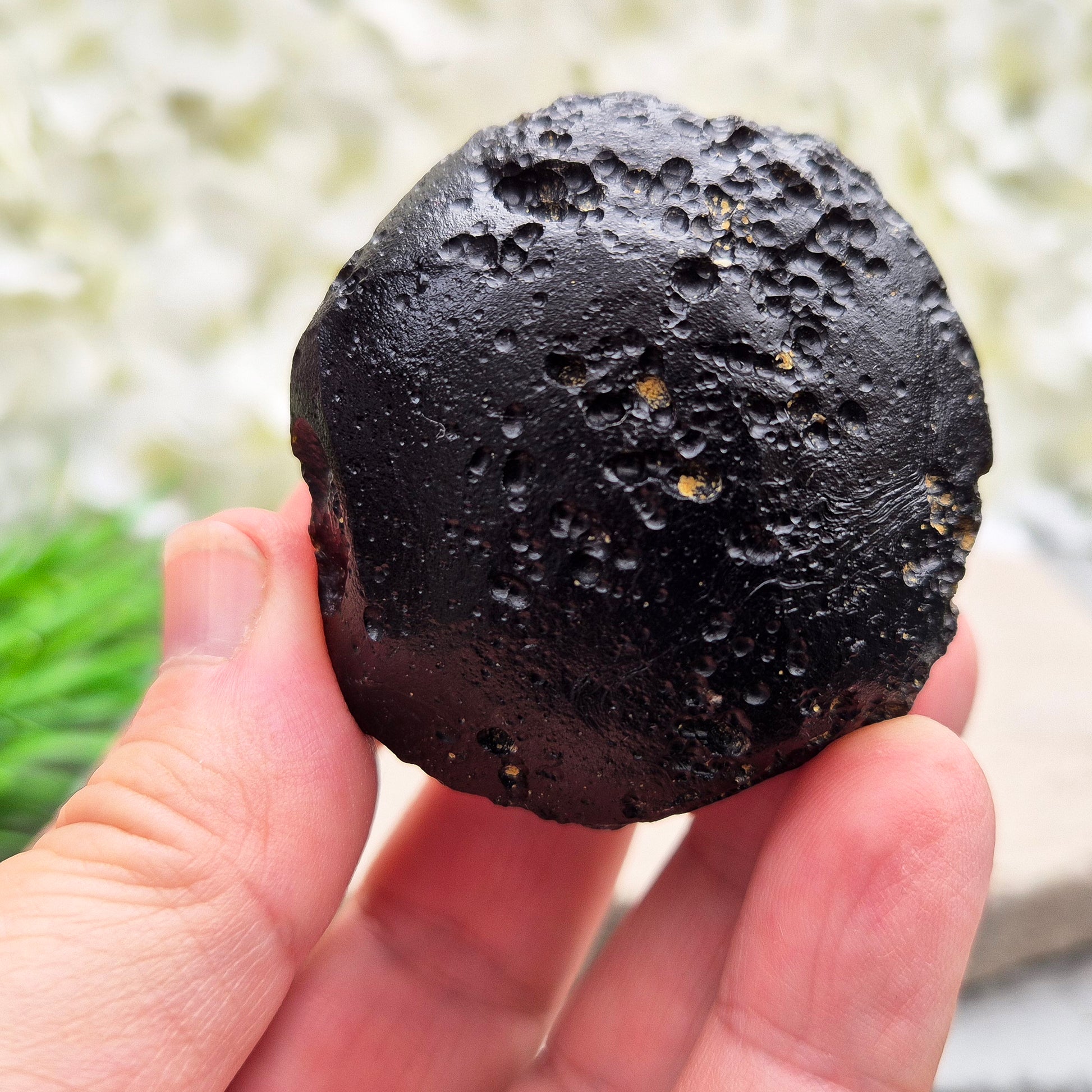 Natural Black Tektite — a protective, grounding crystal to support meditation, spiritual growth, and energetic balance.