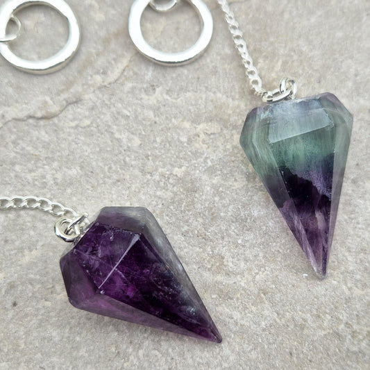 Fluorite Crystal Pendulum, Rainbow Fluorite Dowser. Will come in a organza pouch to keep it in.