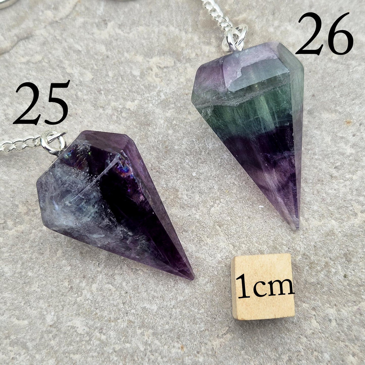 Fluorite Crystal Pendulum, Rainbow Fluorite Dowser. Will come in a organza pouch to keep it in.