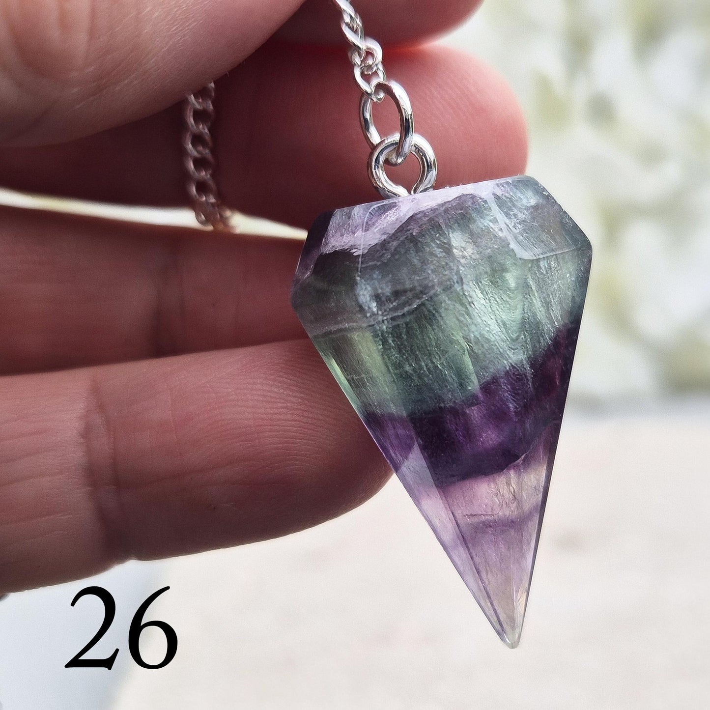 Fluorite Crystal Pendulum, Rainbow Fluorite Dowser. Will come in a organza pouch to keep it in.