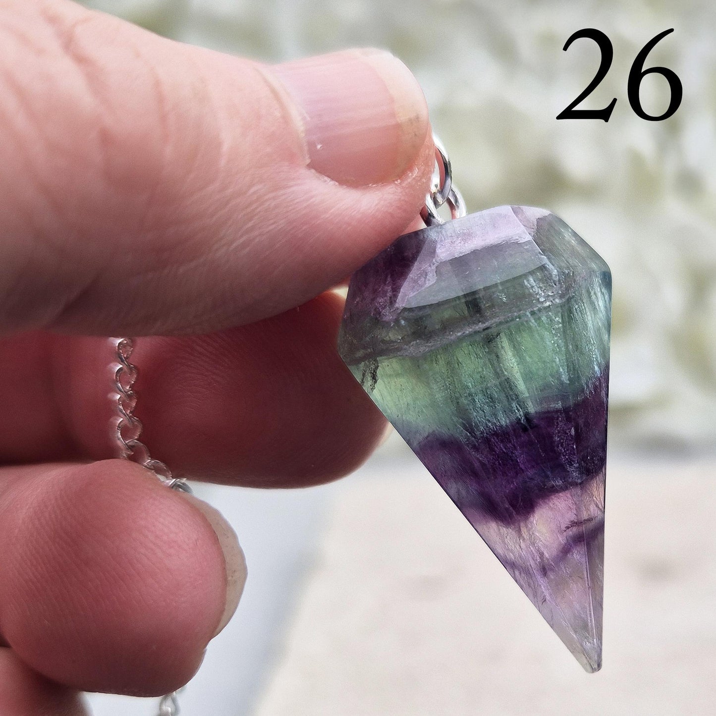 Fluorite Crystal Pendulum, Rainbow Fluorite Dowser. Will come in a organza pouch to keep it in.