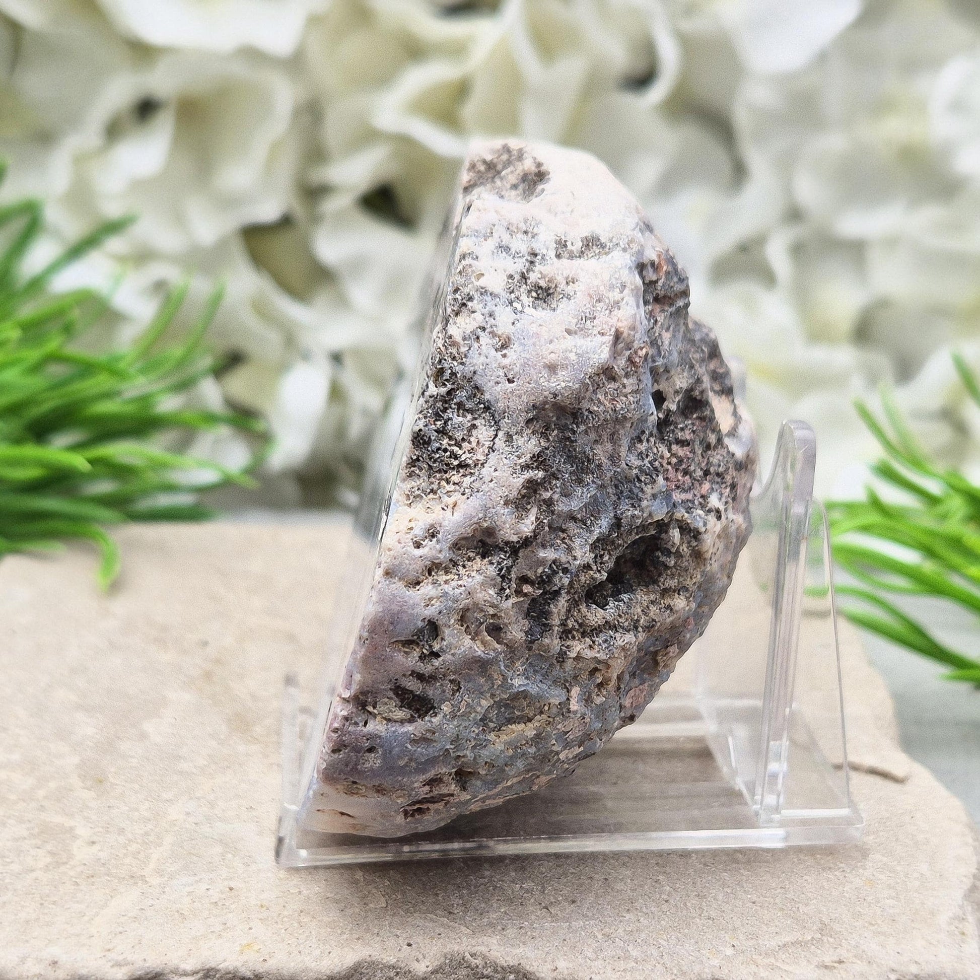 Polished Dugway Agate geode half from Utah, USA. Soothing lavender-grey tones with grounding energy. Ideal for display, healing, or meditation.