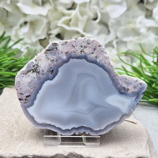Dugway Agate Half Geode, Utah – Polished Face, Natural Geode, Display Stand Included