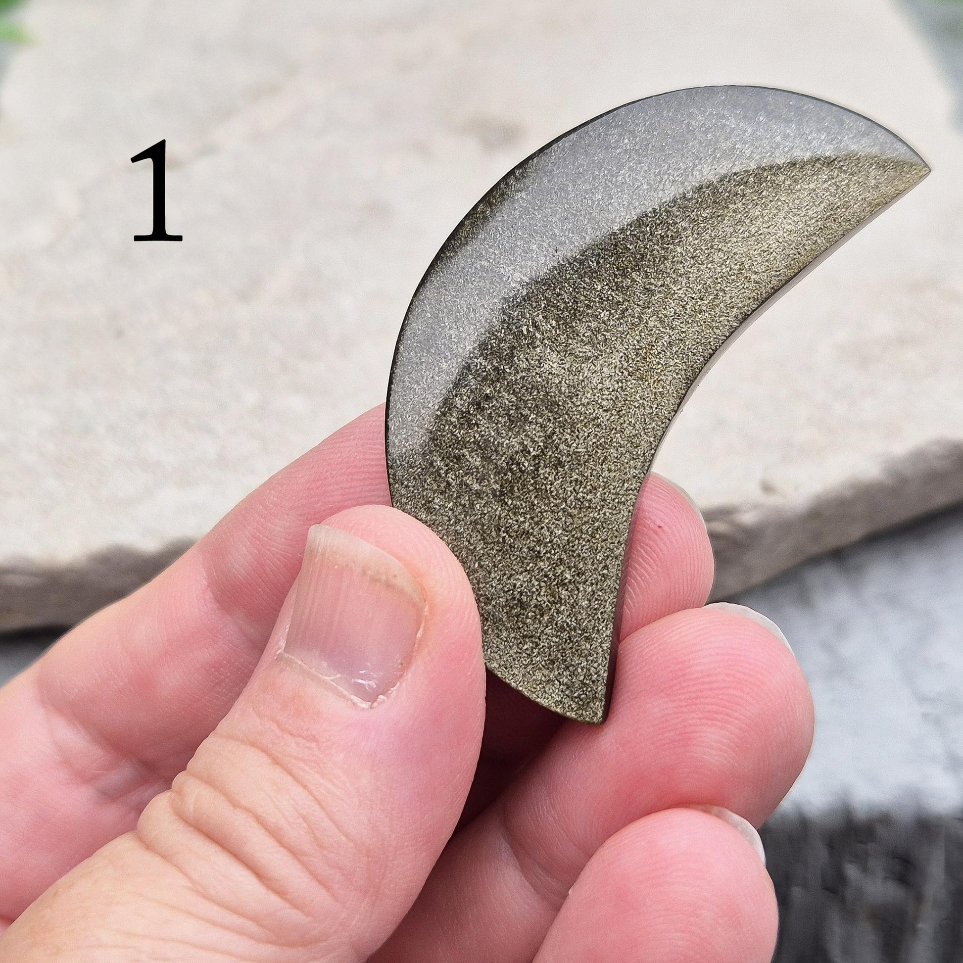 Gold Sheen Obsidian crescent moons from Mexico. Protective and empowering crystals that reveal truth, clear energy, and attract confidence and prosperity.