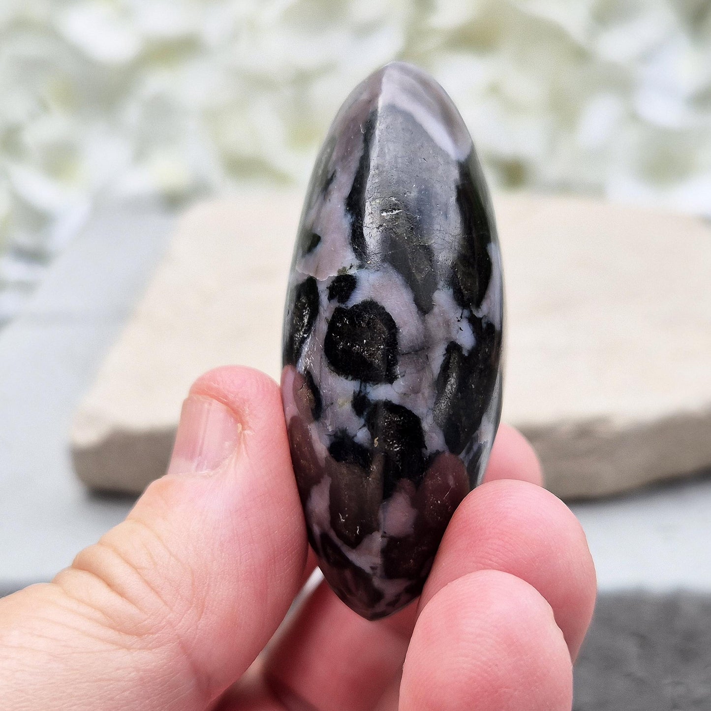 Indigo Gabbro Crystal Palm Stone – Mystic Merlinite | Spiritual Pocket Stone