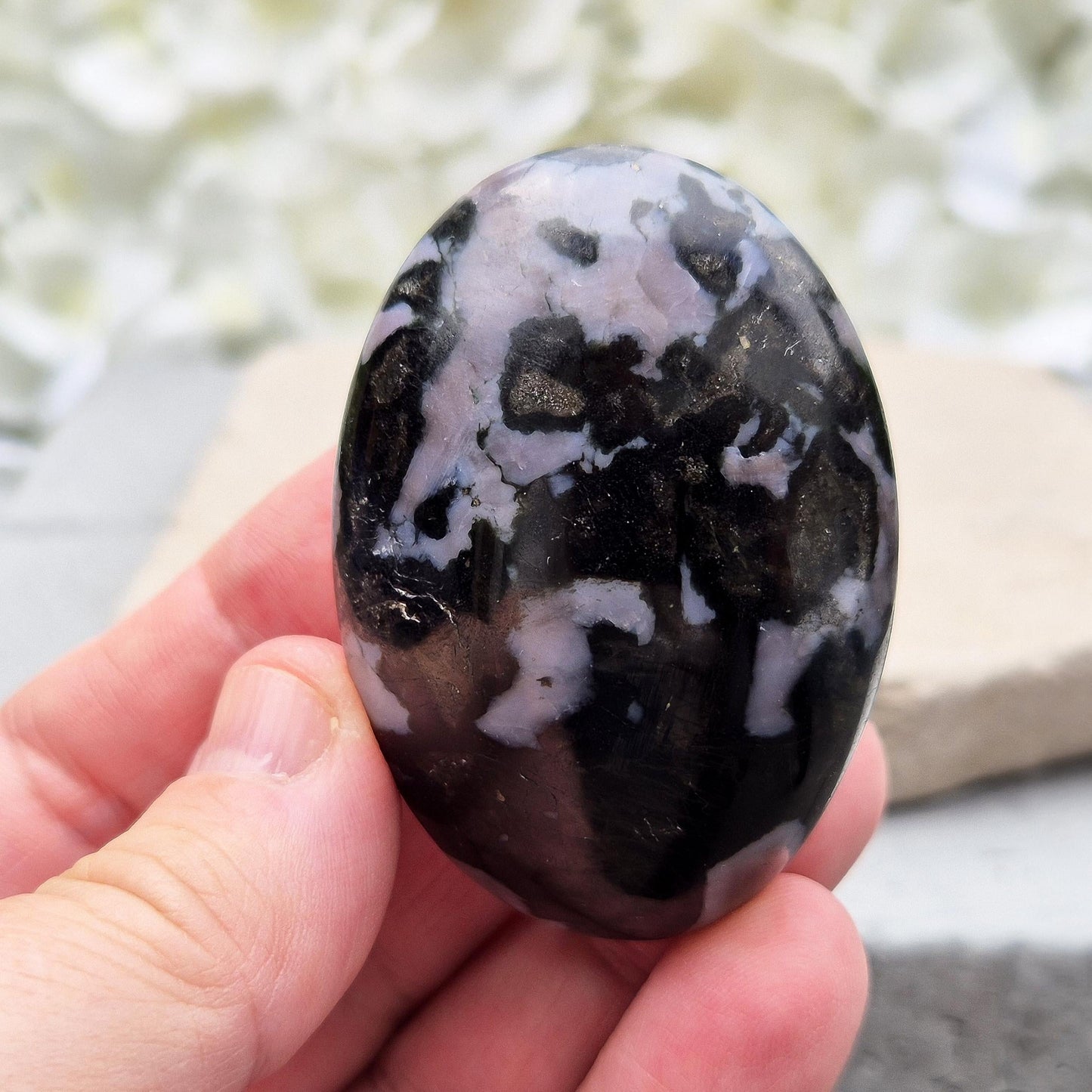 Indigo Gabbro Crystal Palm Stone – Mystic Merlinite | Spiritual Pocket Stone