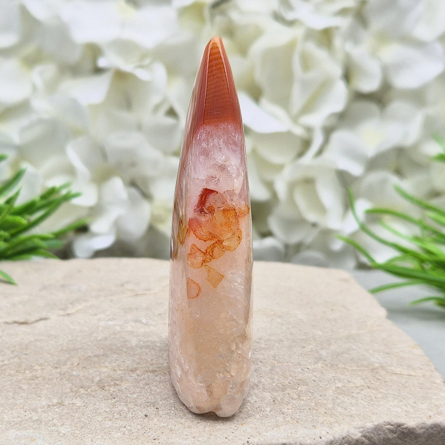 Red Banded Agate Flame with Quartz – grounding and clarifying crystal for energy work, meditation, and Feng Shui. Beautiful, polished, and unique.