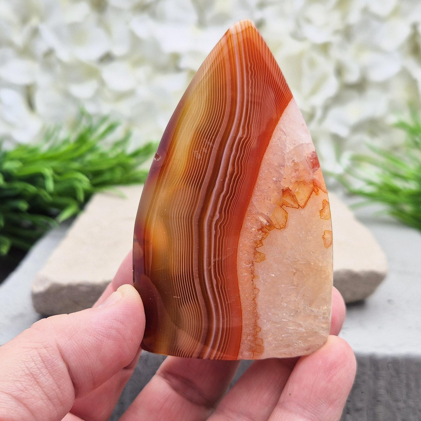 Red Banded Agate With Quartz Crystal, Flame Shaped