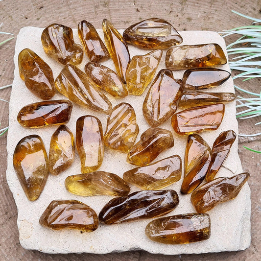 These genuine, untreated citrine crystals show a warm, dark honey colour, lightly polished only to preserve their natural surface. Sourced from South Africa