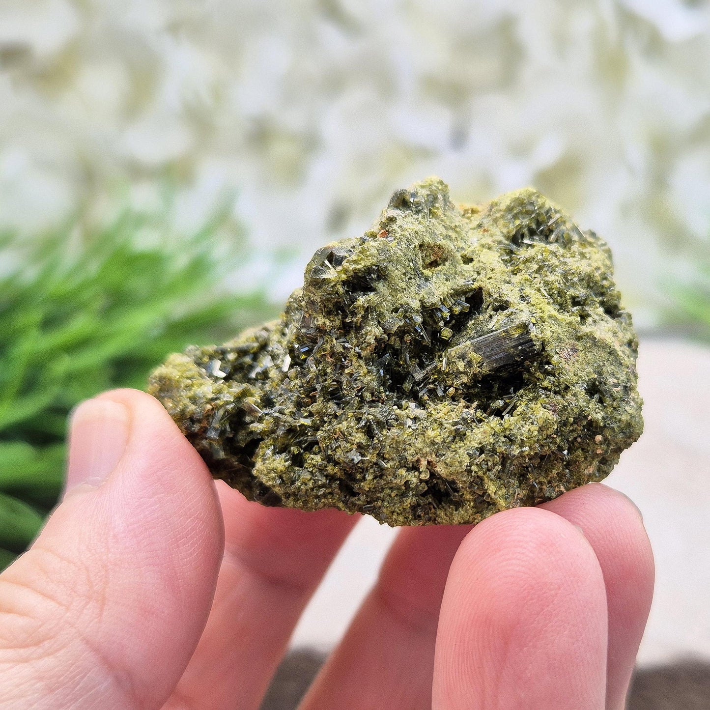 Epidote Crystal Cluster, dark green sparkling epidote crystals on matrix, inspires personal growth and positive change