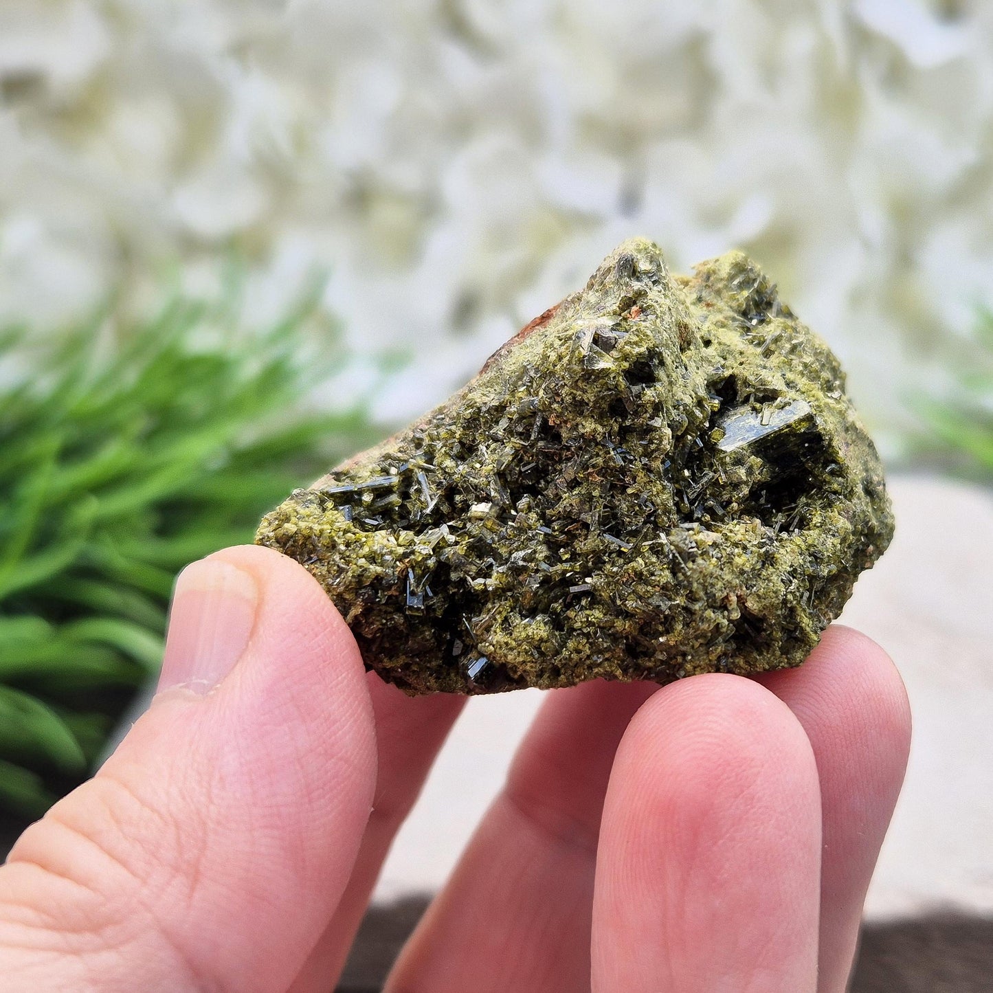 Epidote Crystal Cluster, dark green sparkling epidote crystals on matrix, inspires personal growth and positive change