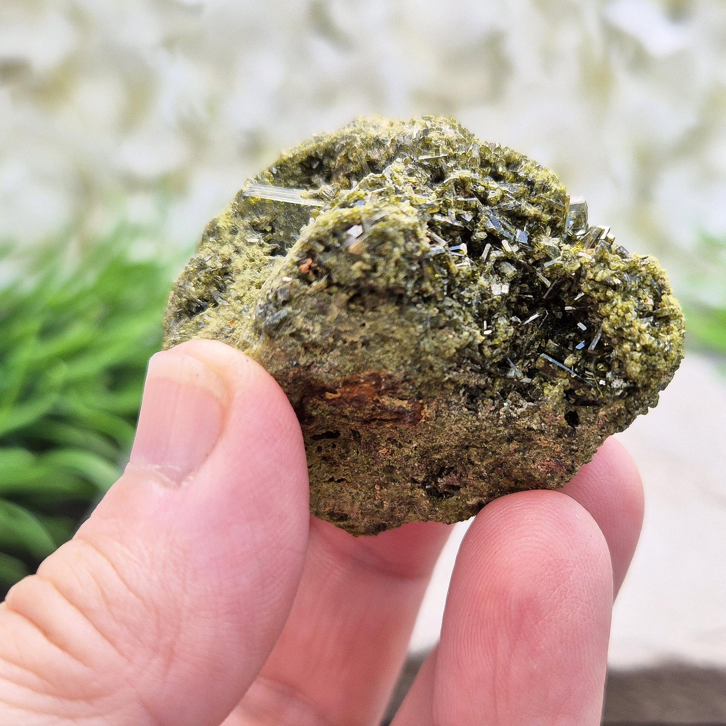 Epidote Crystal Cluster, dark green sparkling epidote crystals on matrix, inspires personal growth and positive change