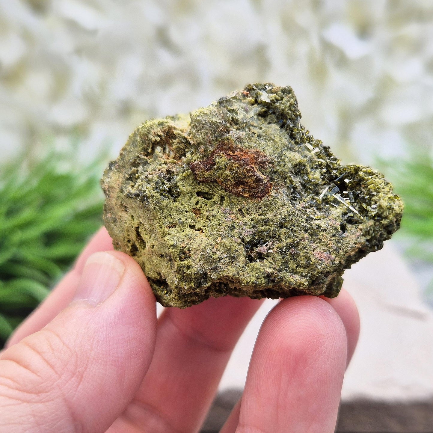 Epidote Crystal Cluster, dark green sparkling epidote crystals on matrix, inspires personal growth and positive change