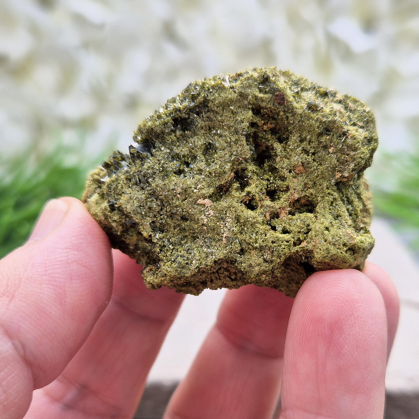 Epidote Crystal Cluster, dark green sparkling epidote crystals on matrix, inspires personal growth and positive change