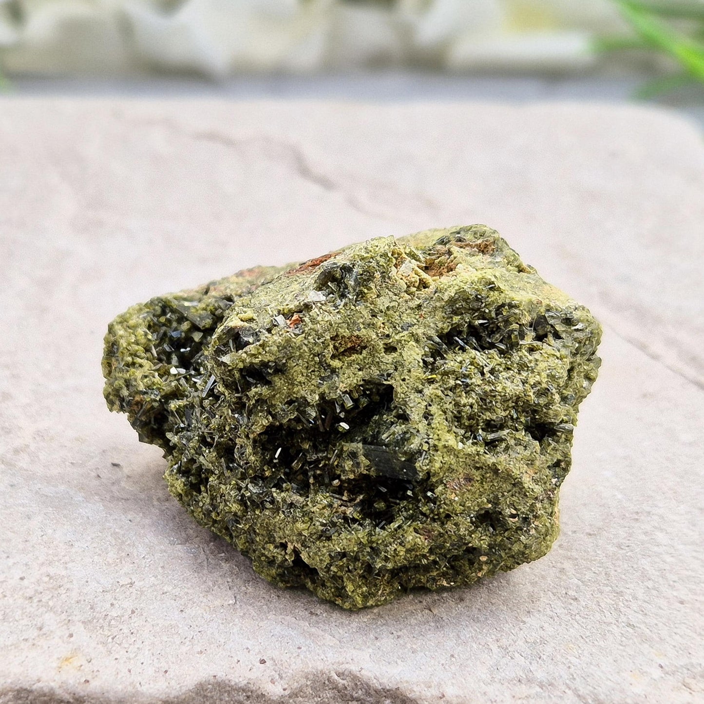 Epidote Crystal Cluster, dark green sparkling epidote crystals on matrix, inspires personal growth and positive change