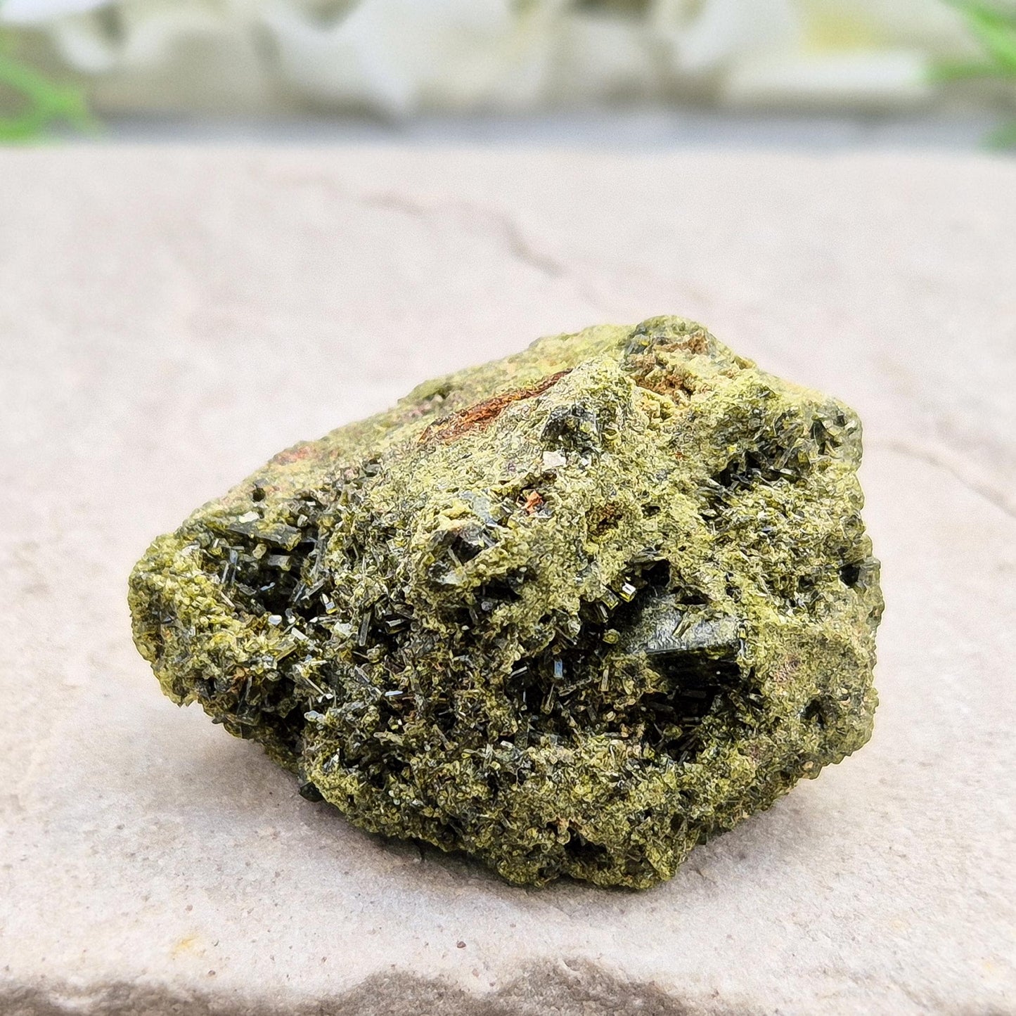 Epidote Crystal Cluster, dark green sparkling epidote crystals on matrix, inspires personal growth and positive change