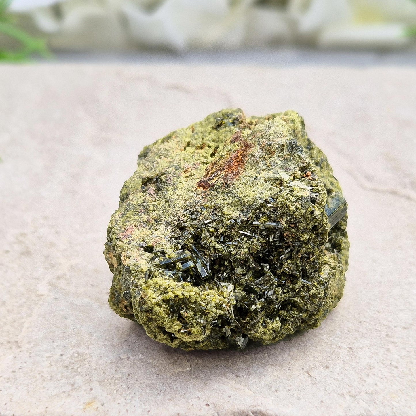 Epidote Crystal Cluster, dark green sparkling epidote crystals on matrix, inspires personal growth and positive change