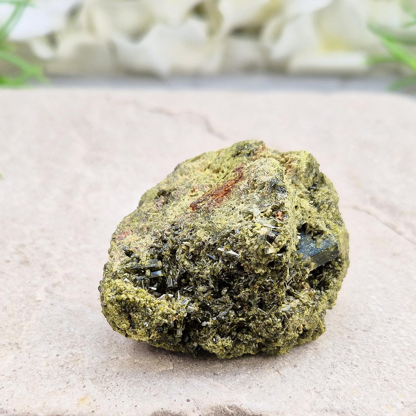 Epidote Crystal Cluster, dark green sparkling epidote crystals on matrix, inspires personal growth and positive change