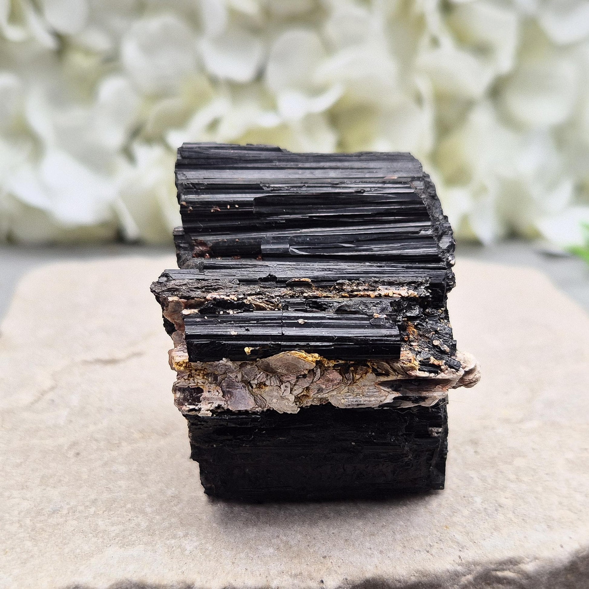 Natural Black Tourmaline with mica. Strong protective crystal that helps you feel safe, calm, clear-minded, and emotionally strong.