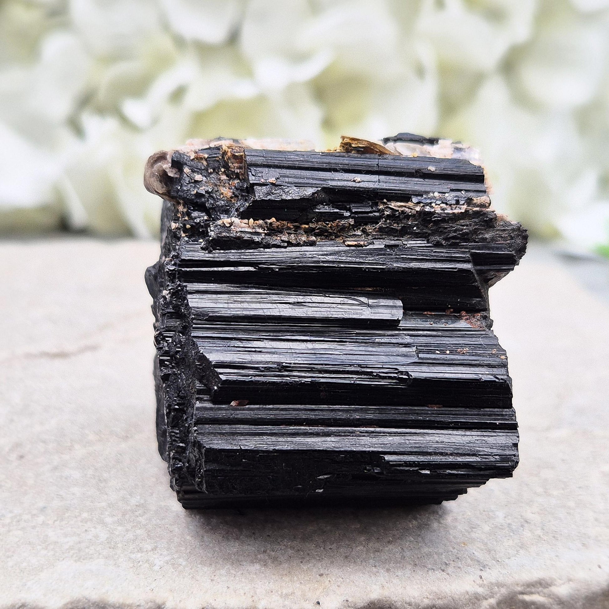 Natural Black Tourmaline with mica. Strong protective crystal that helps you feel safe, calm, clear-minded, and emotionally strong.