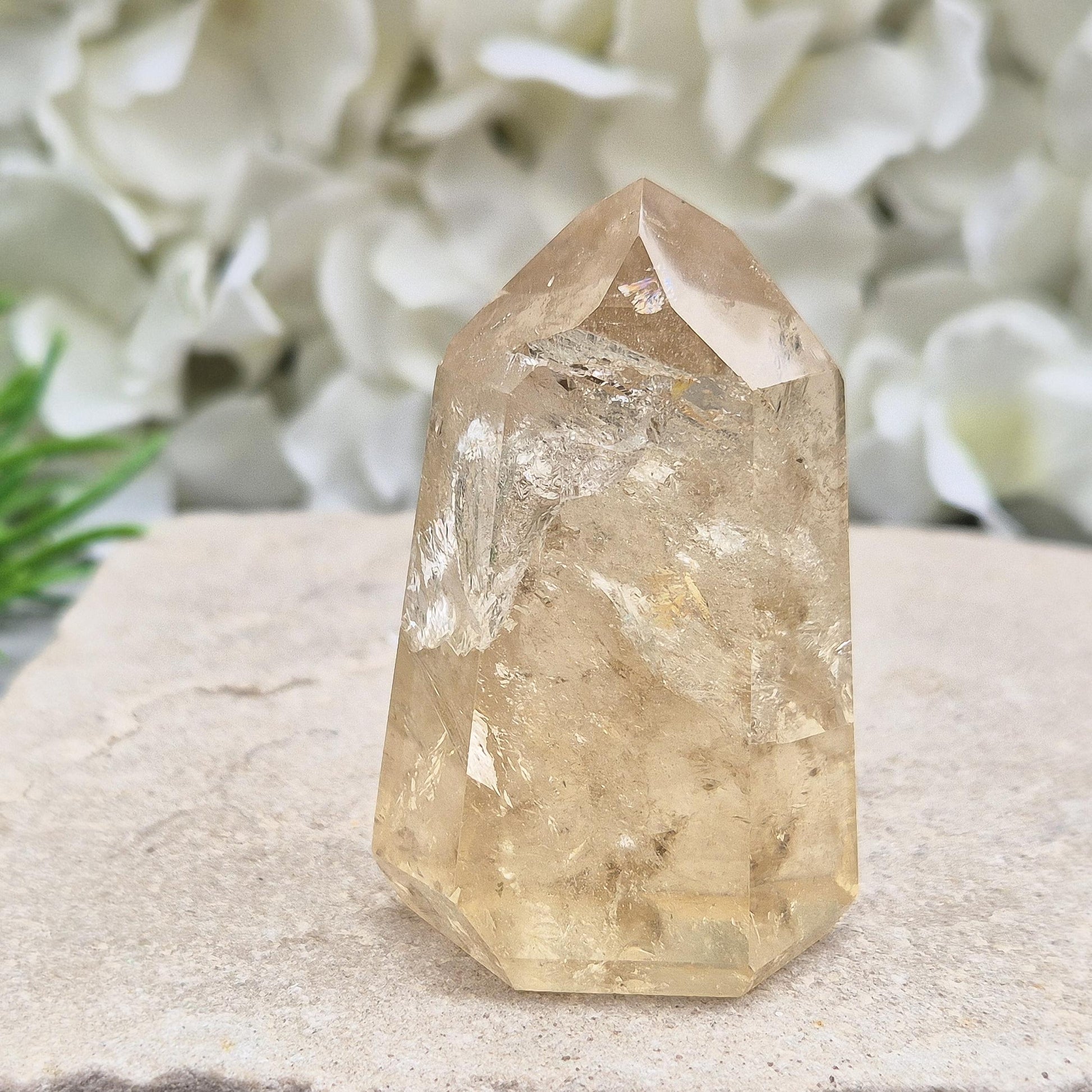 Citrine crystal point with light-reflecting inclusions. A beautiful natural piece to elevate any crystal collection. Bring joy and abundance into your life.
