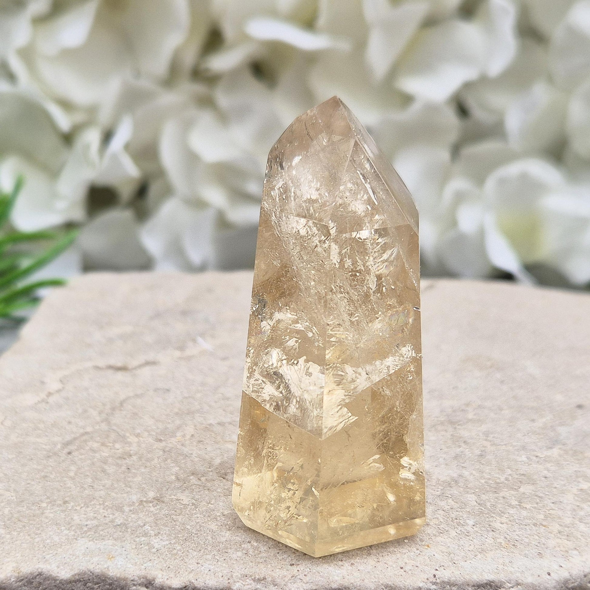 Citrine crystal point with light-reflecting inclusions. A beautiful natural piece to elevate any crystal collection. Bring joy and abundance into your life.