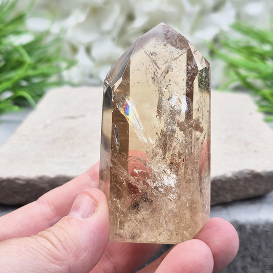 Natural Citrine Crystal Point, Polished With Light Reflecting Inclusions And A Rainbow