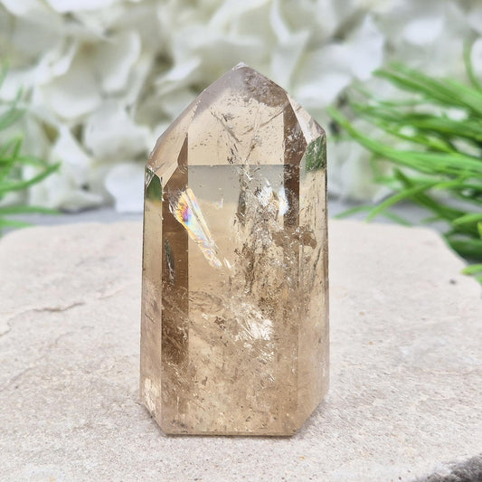 Citrine Crystal Point, Polished Natural Citrine With Light Reflecting Inclusions & Rainbow