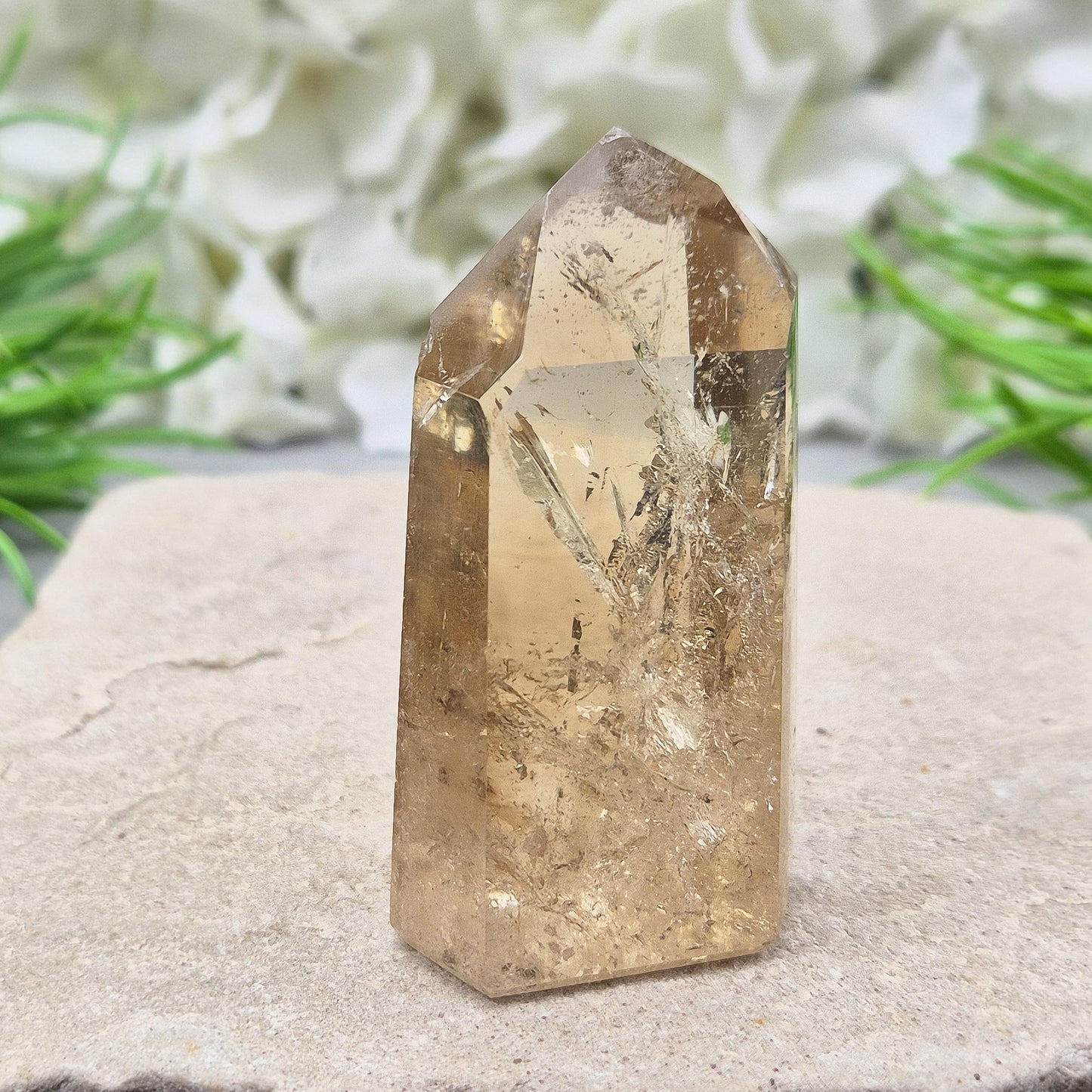 Citrine Crystal Point, Polished Natural Citrine With Light Reflecting Inclusions & Rainbow