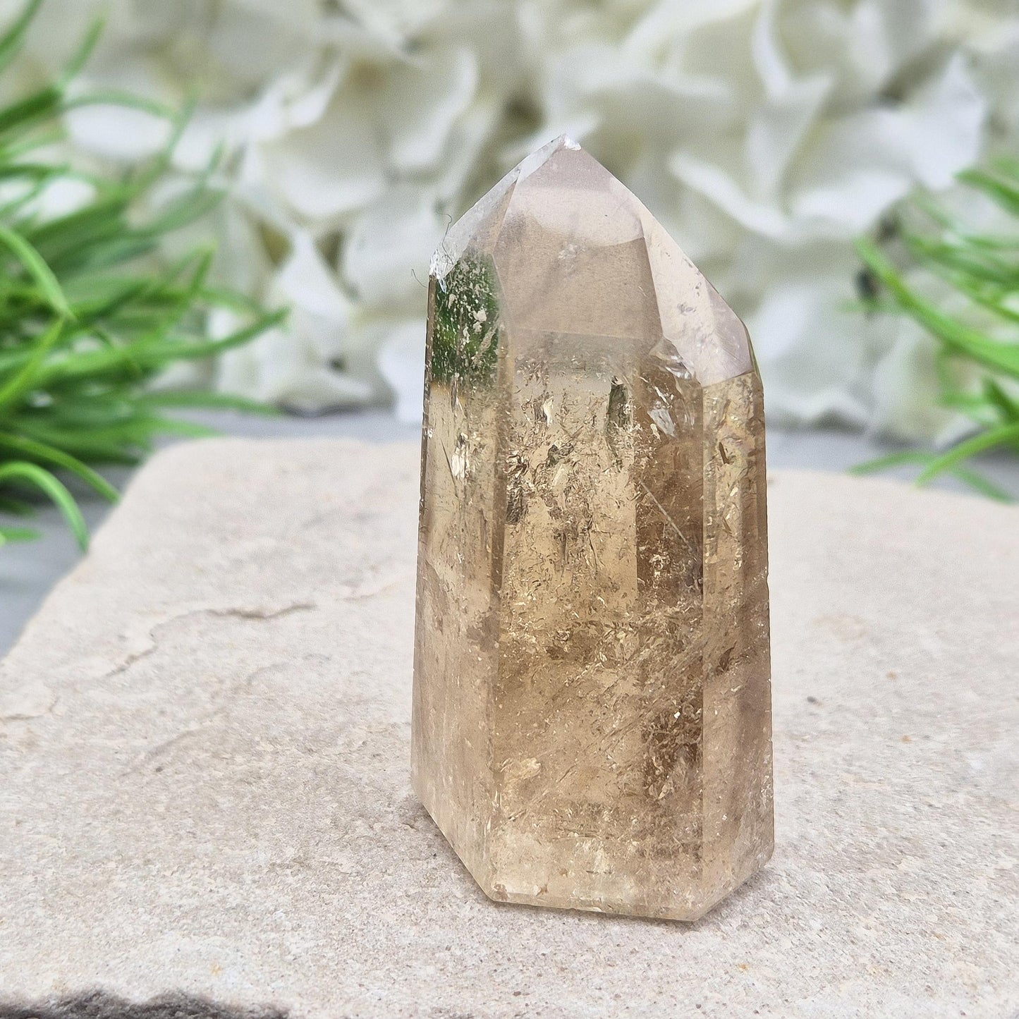 Citrine Crystal Point, Polished Natural Citrine With Light Reflecting Inclusions & Rainbow
