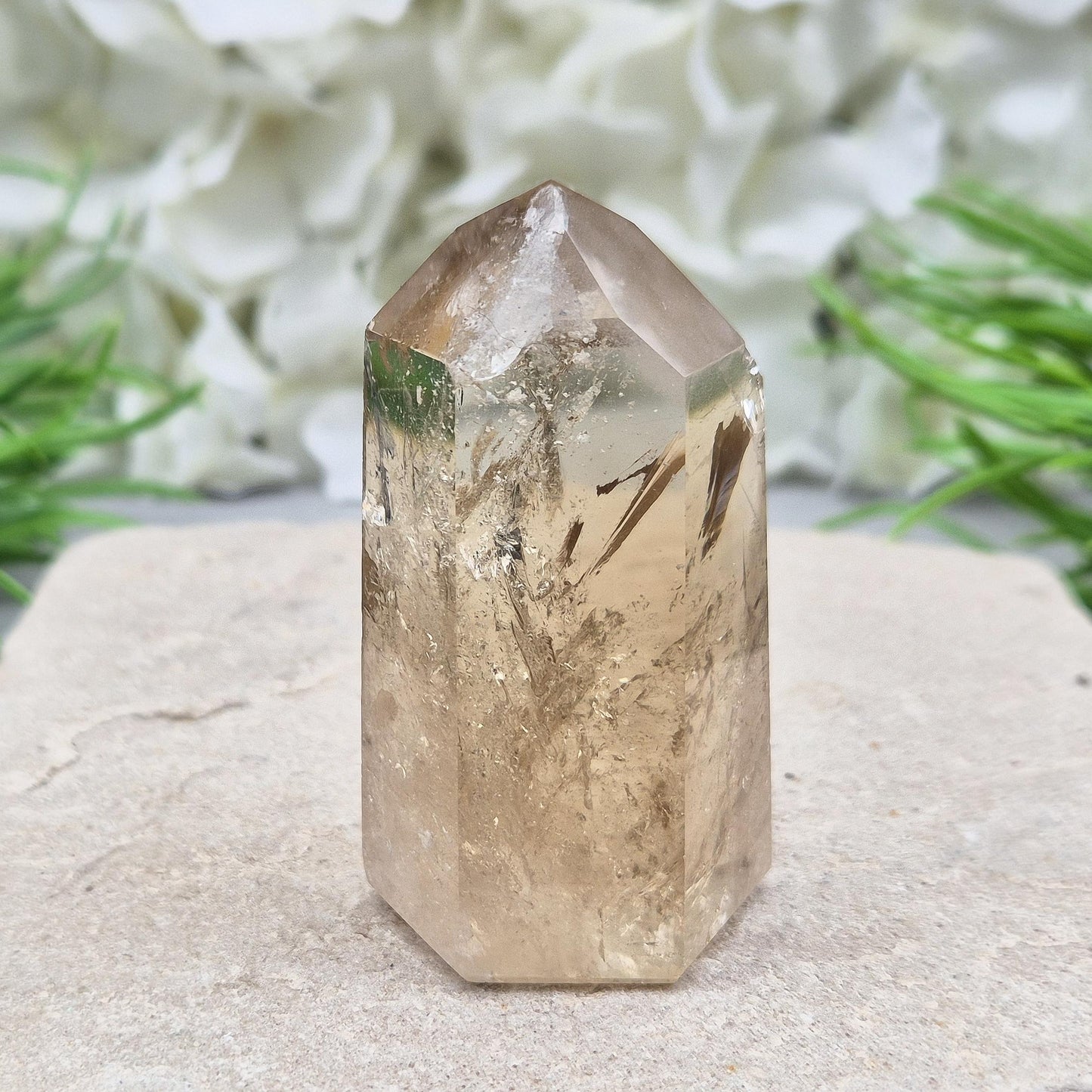 Citrine Crystal Point, Polished Natural Citrine With Light Reflecting Inclusions & Rainbow