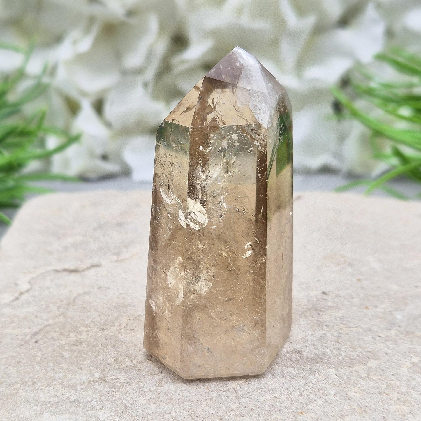 Citrine Crystal Point, Polished Natural Citrine With Light Reflecting Inclusions & Rainbow