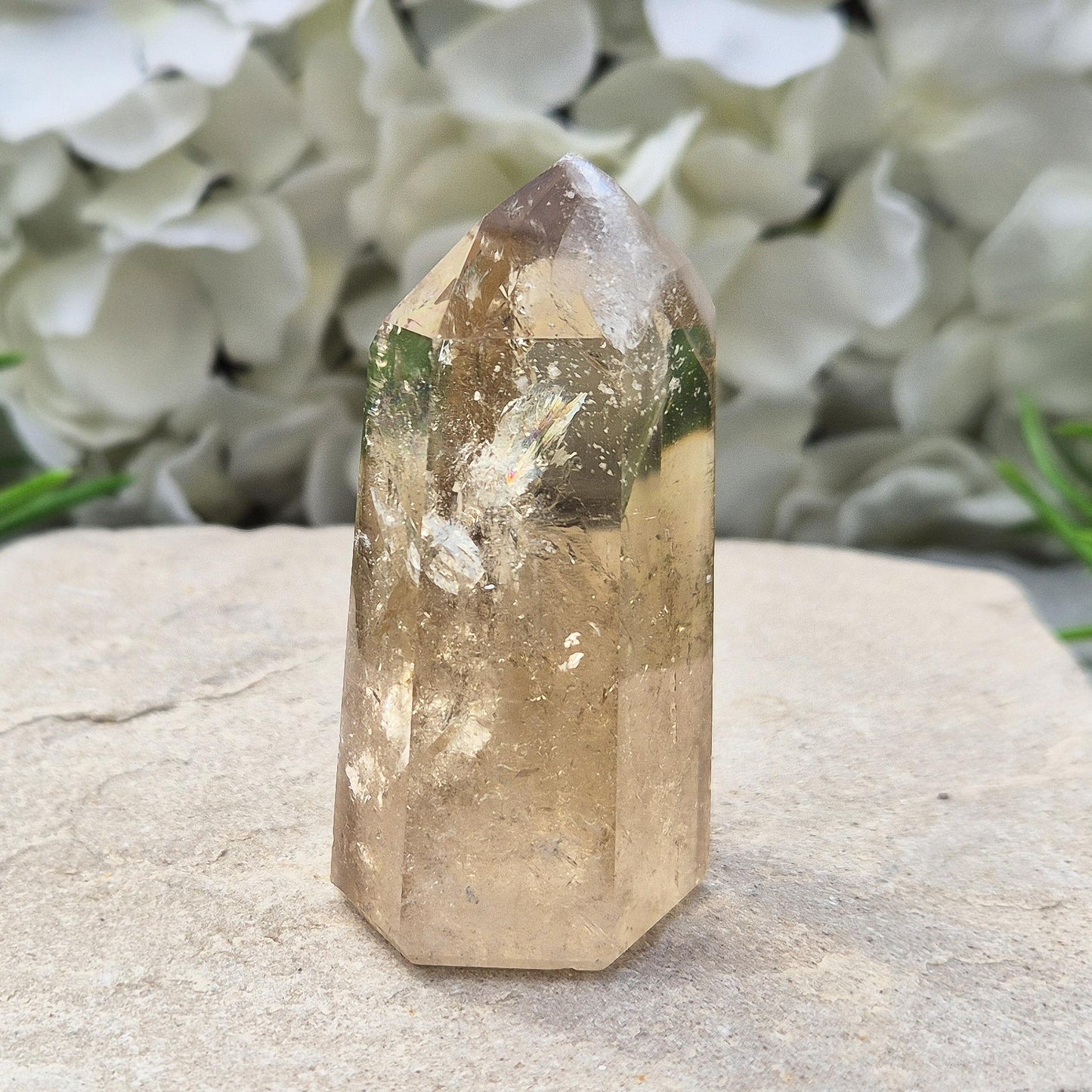 Citrine Crystal Point, Polished Natural Citrine With Light Reflecting Inclusions & Rainbow
