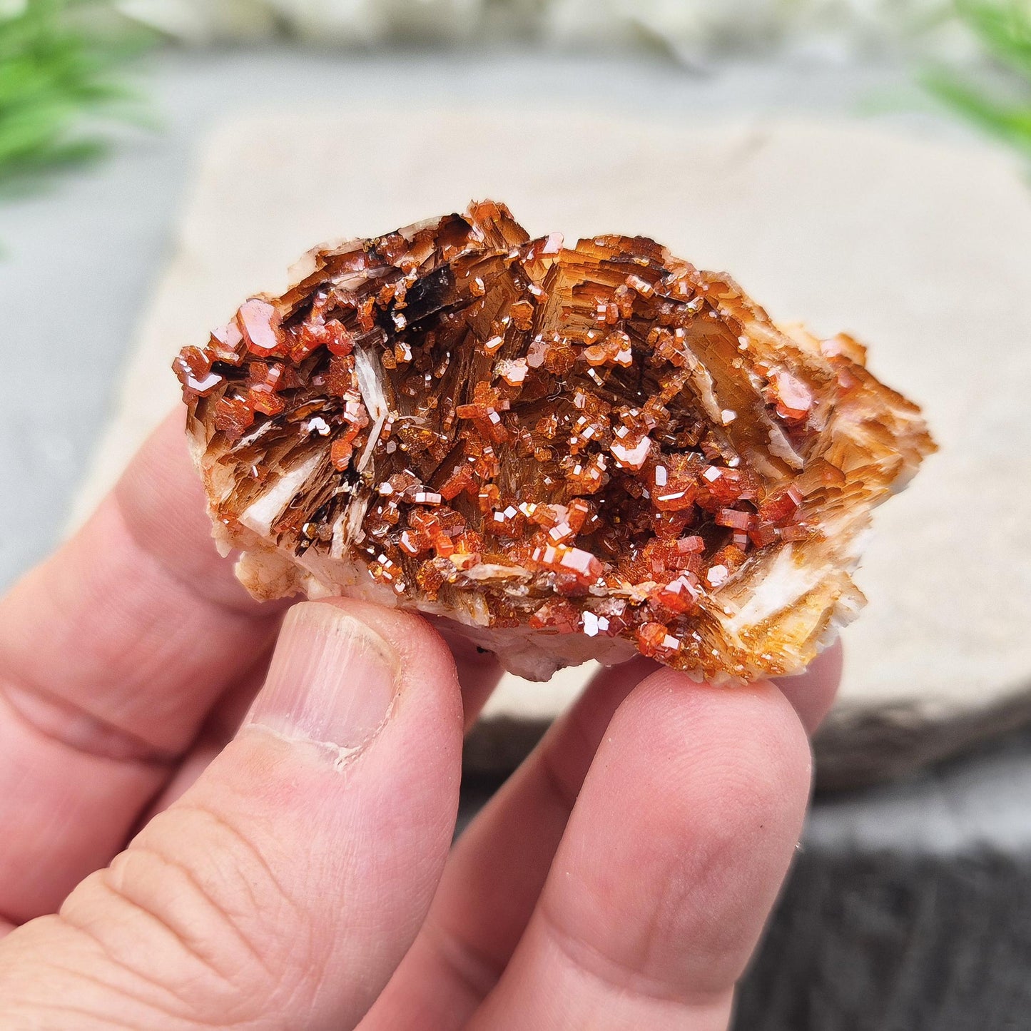 Sparkling Vanadinite cluster from Morocco. A grounding crystal for focus, vitality, and steady energy. Ideal for meditation, balance, & crystal work. 