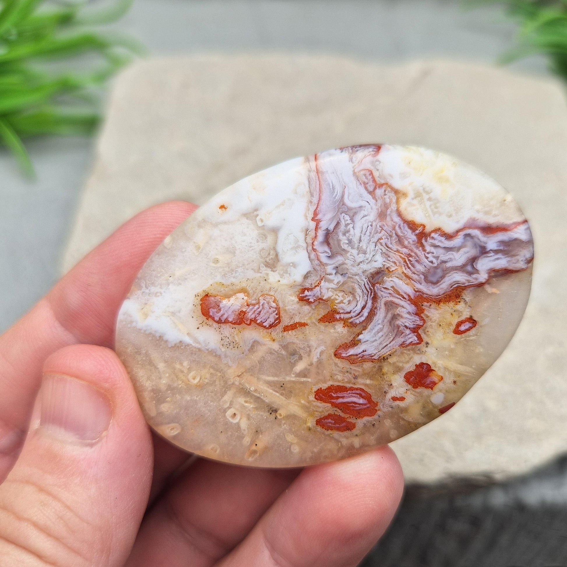 Polished Moroccan Agate palm stone – promotes grounding, resilience, and a centred, balanced feeling whenever you hold it. 