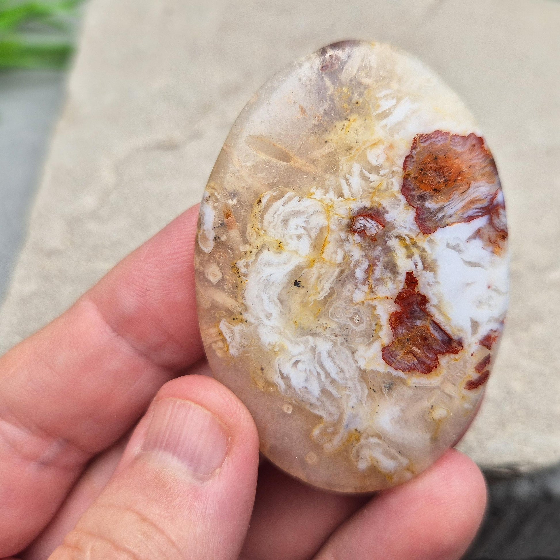 Polished Moroccan Agate palm stone – promotes grounding, resilience, and a centred, balanced feeling whenever you hold it. 