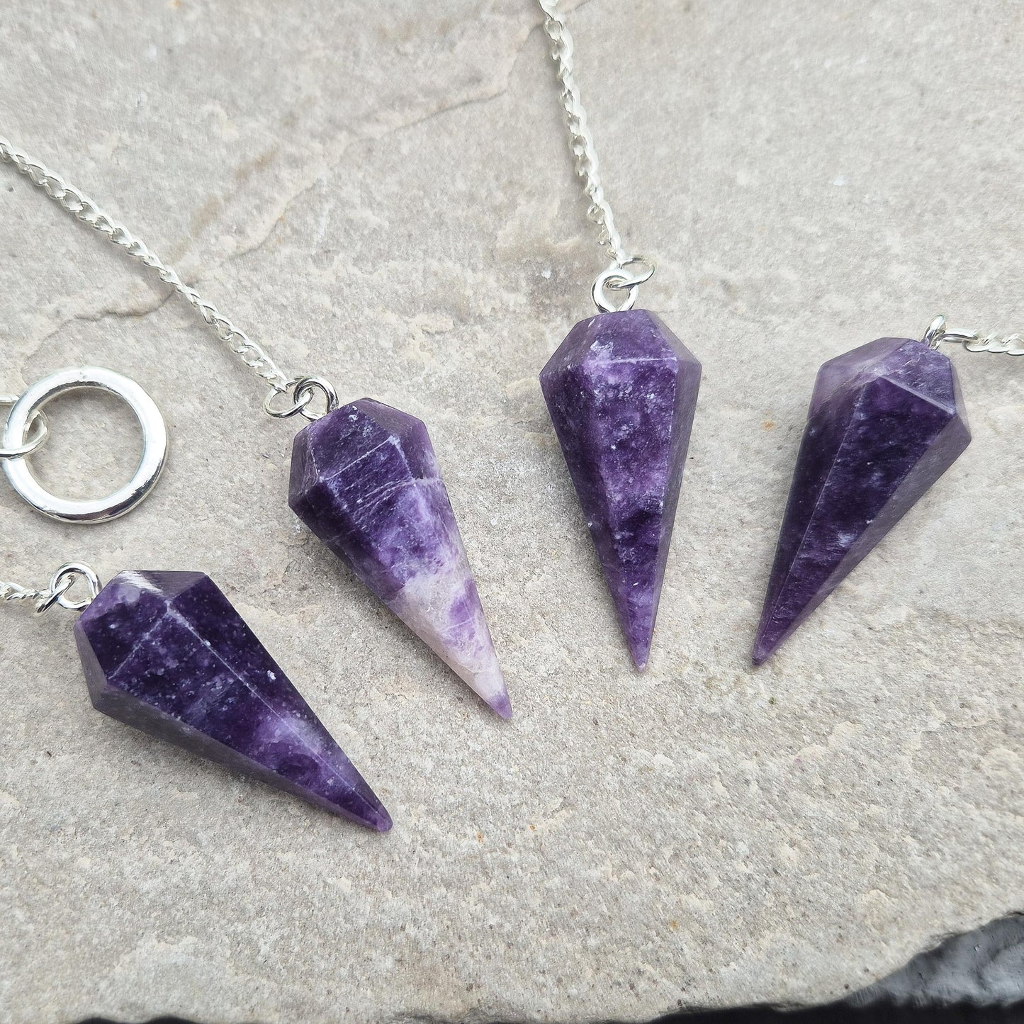Lepidolite crystal pendulum has a Calming energy tool for dowsing, chakra work, and meditation. Includes pouch & card. Enhanced your divination pratice now