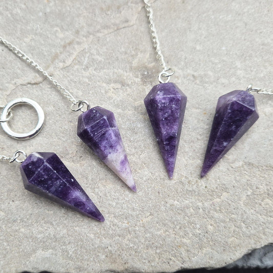 Lepidolite crystal pendulum has a Calming energy tool for dowsing, chakra work, and meditation. Includes pouch & card. Enhanced your divination pratice now