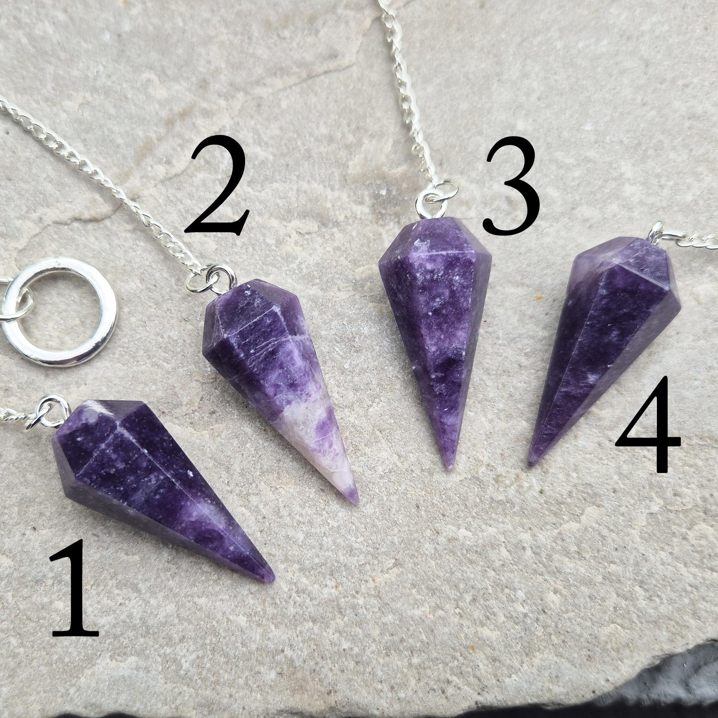 Lepidolite crystal pendulum has a Calming energy tool for dowsing, chakra work, and meditation. Includes pouch & card. Enhanced your divination pratice now