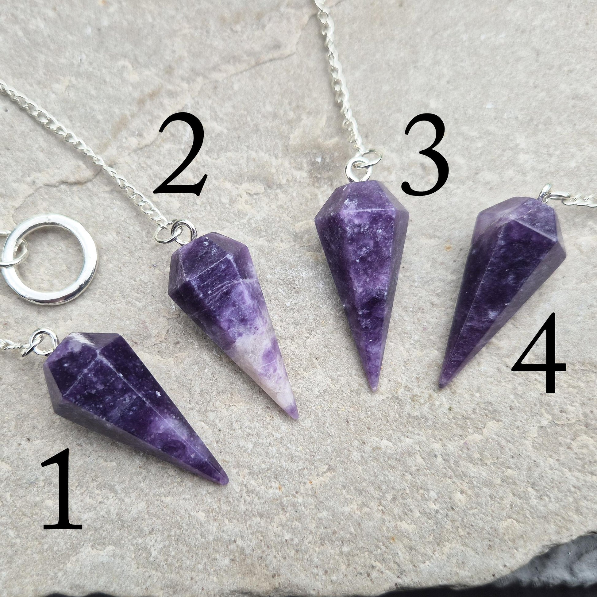 Lepidolite crystal pendulum has a Calming energy tool for dowsing, chakra work, and meditation. Includes pouch & card. Enhanced your divination pratice now