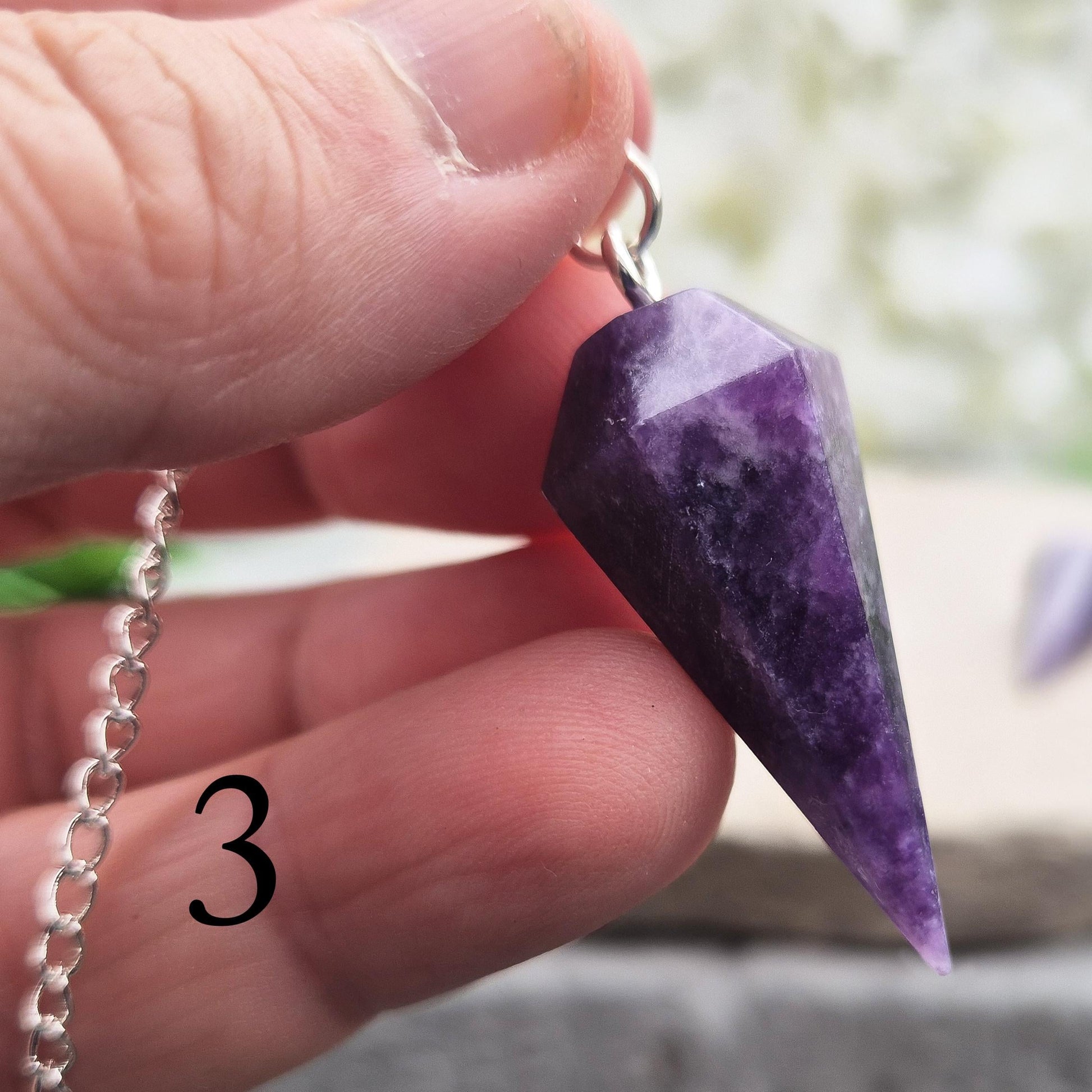 Lepidolite crystal pendulum has a Calming energy tool for dowsing, chakra work, and meditation. Includes pouch & card. Enhanced your divination pratice now