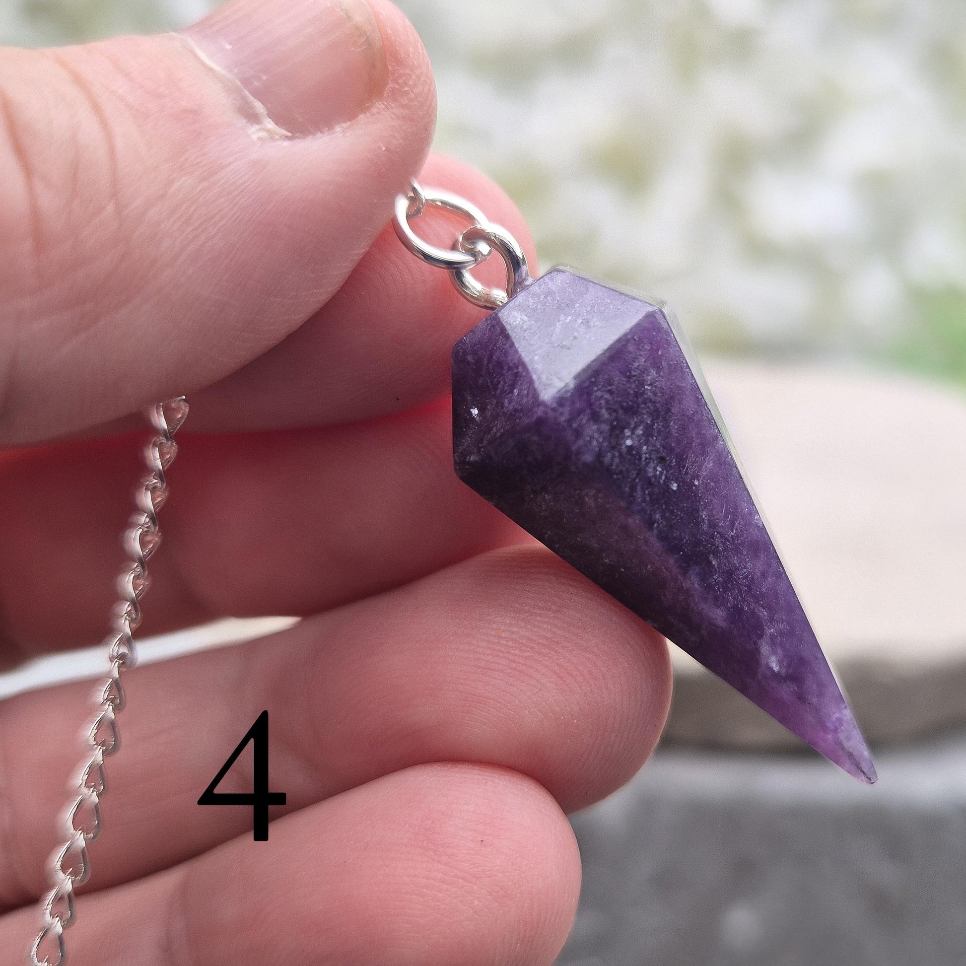 Lepidolite crystal pendulum has a Calming energy tool for dowsing, chakra work, and meditation. Includes pouch & card. Enhanced your divination pratice now