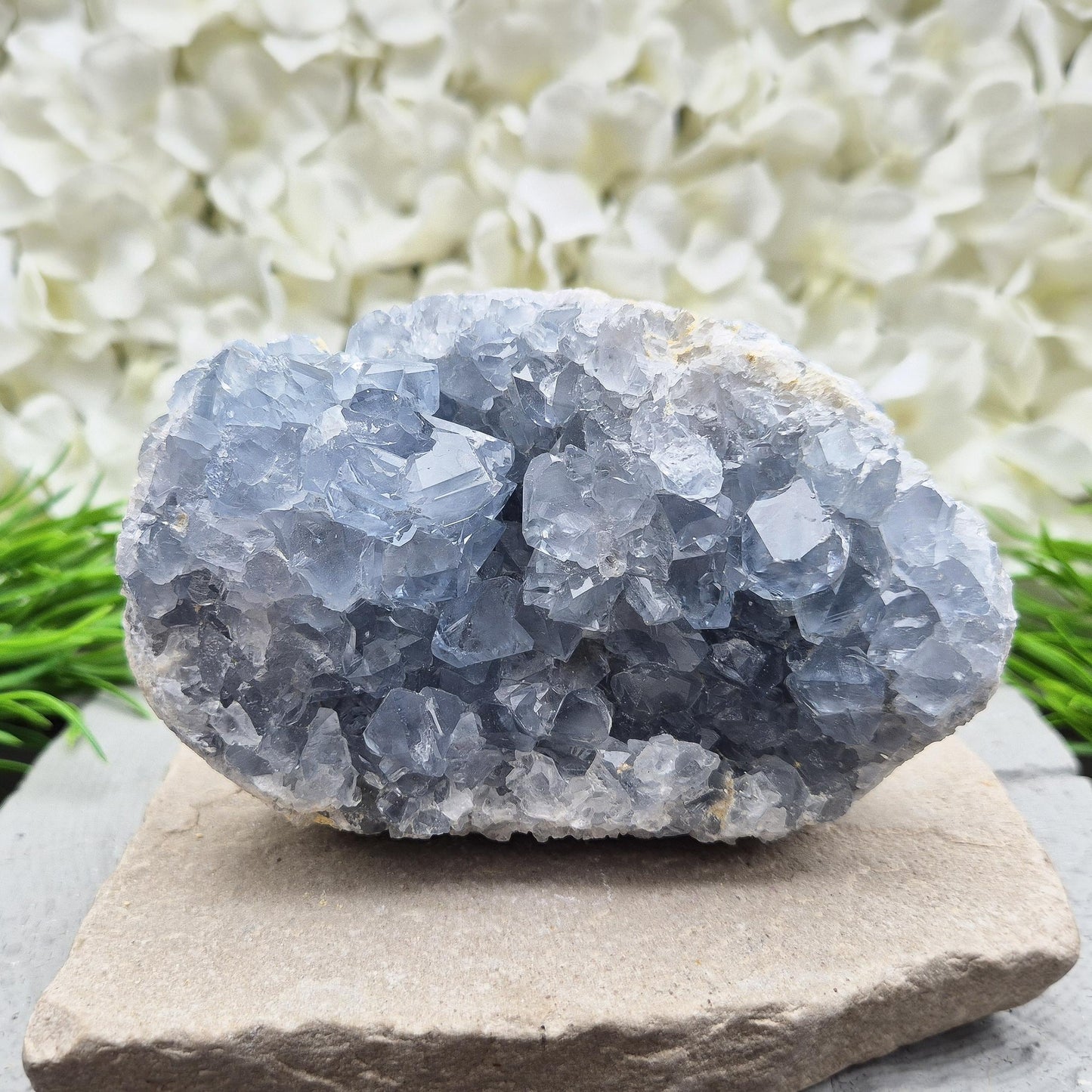Sparkling Celestite cluster from Madagascar. A calming, uplifting crystal for peace, creativity, spiritual connection, and angelic guidance.