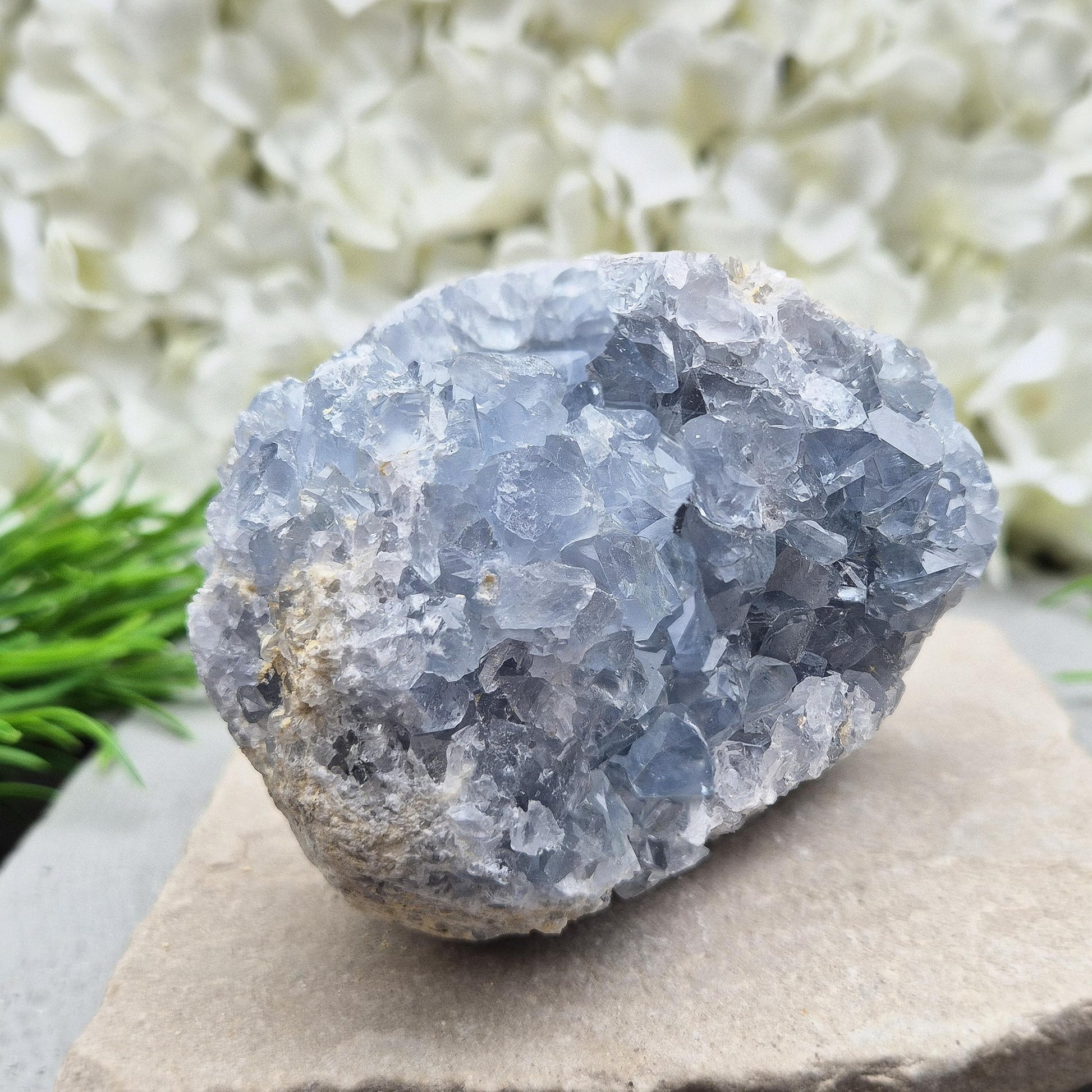 Sparkling Celestite cluster from Madagascar. A calming, uplifting crystal for peace, creativity, spiritual connection, and angelic guidance.