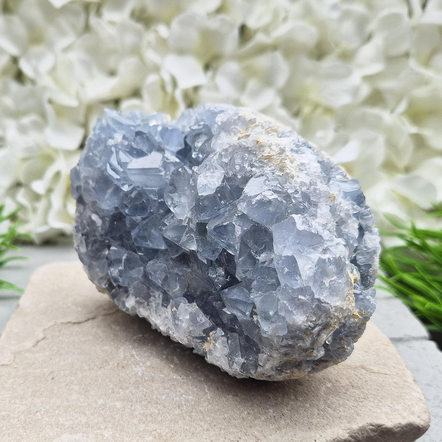 Sparkling Celestite cluster from Madagascar. A calming, uplifting crystal for peace, creativity, spiritual connection, and angelic guidance.