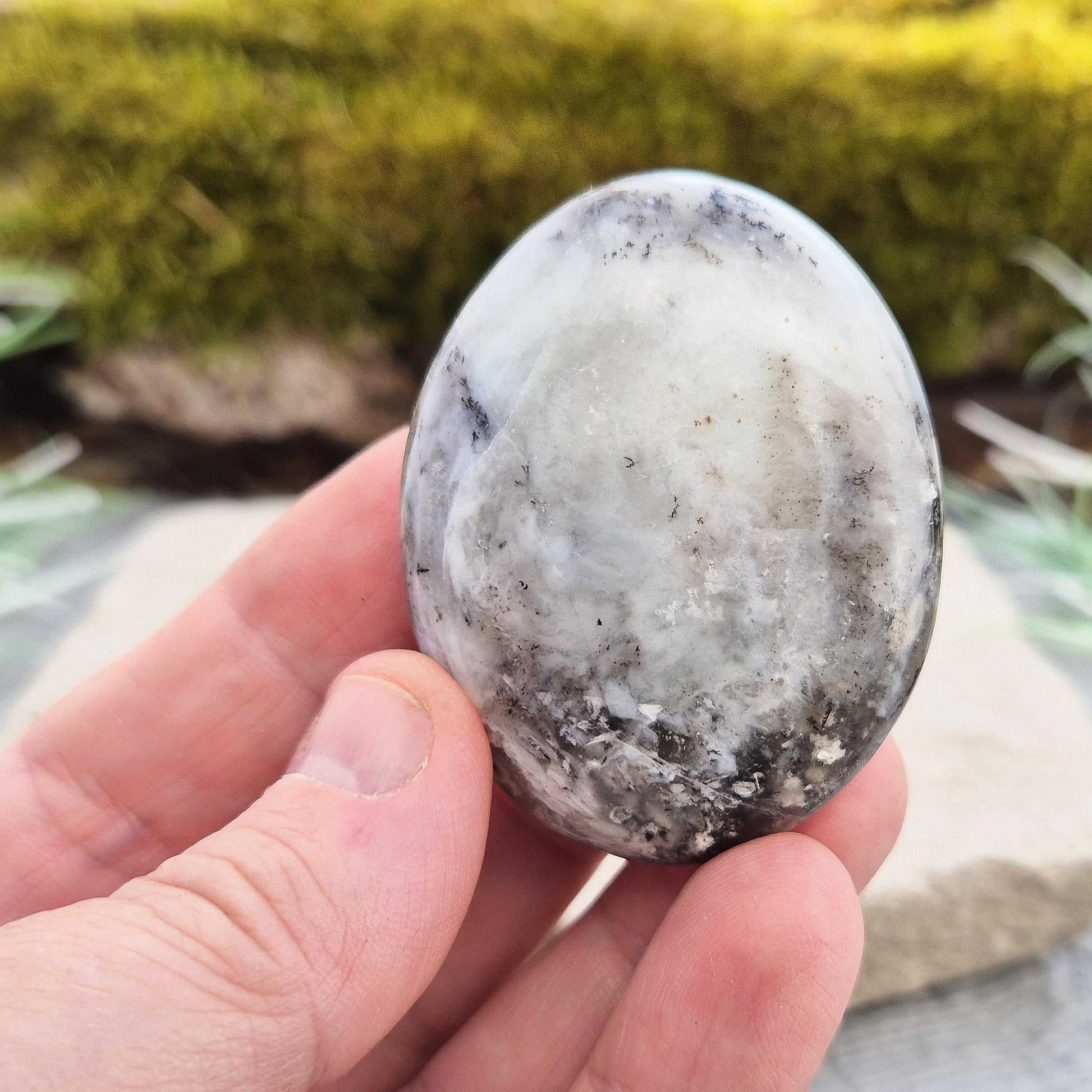 Discover the calming energy of Dendritic Opal (Merlinite) Palm Stones. Perfect for meditation, energy work, and personal growth. Cleansed and ready to use. 