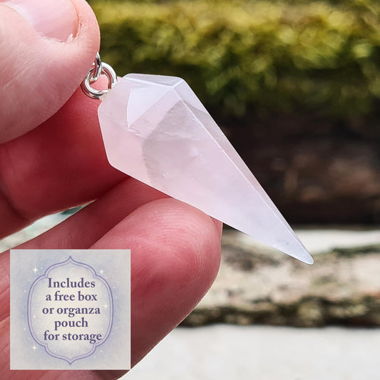 Lunar Rose Quartz Crystal Pendulum ideal for emotional support and physical wellness. Find calm and balance with this powerful tool.