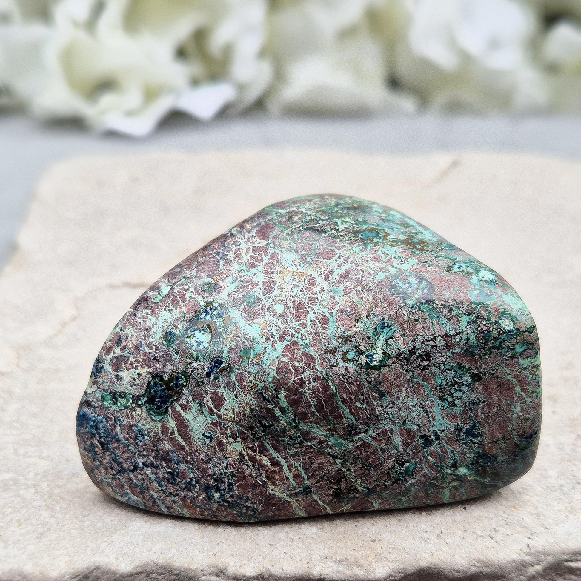 Shattuckite with Chrysocolla & Cuprite in polished form. Vivid copper-rich crystal blend for insight, emotional harmony, and steady grounding.