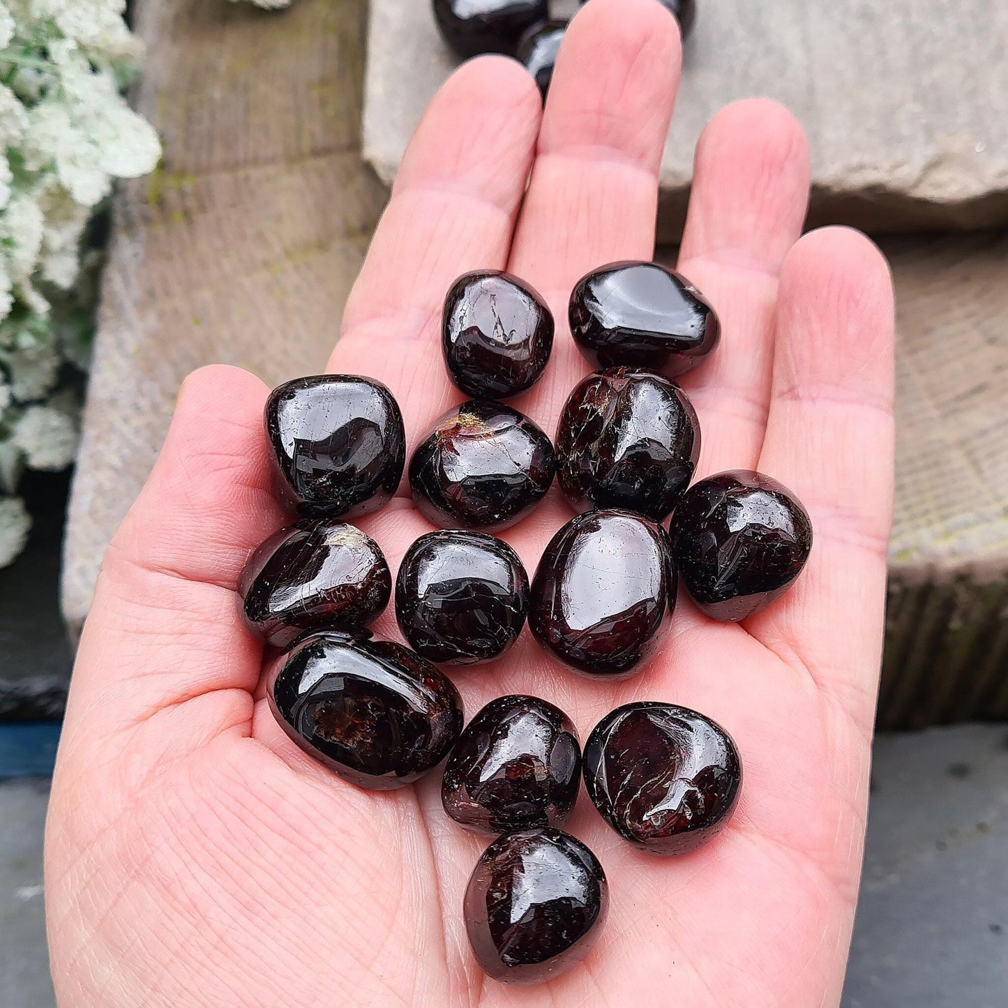 Shop polished Red Garnet crystals from India — deep redbtumbled stones, 8–15gm. Root chakra crystal for courage and motivation, love and passion.