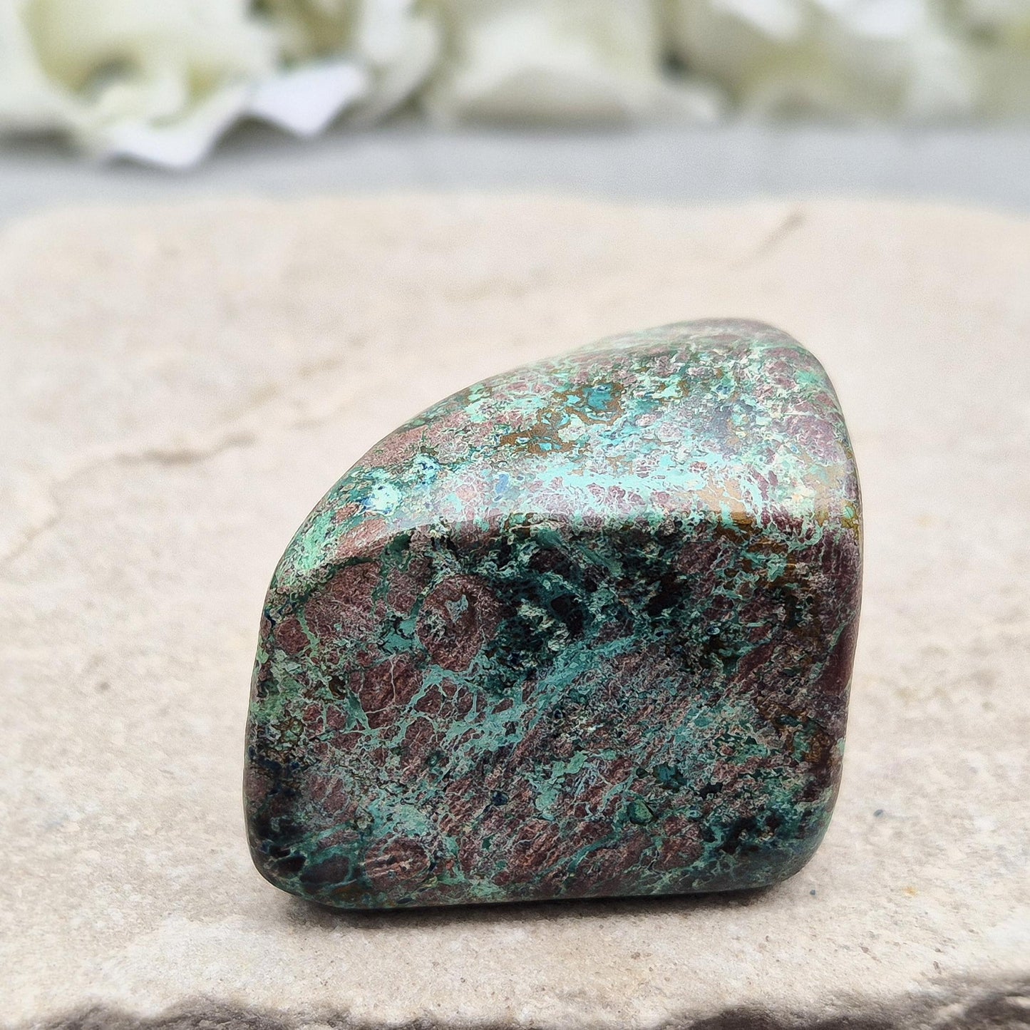 Shattuckite with Chrysocolla & Cuprite in polished form. Vivid copper-rich crystal blend for insight, emotional harmony, and steady grounding.